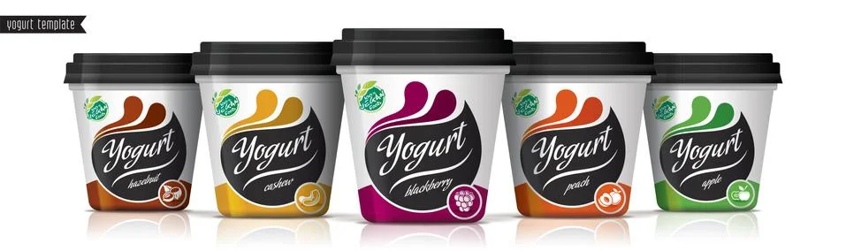 Yogurt vector packaging design. Fruit and nuts yogurt set. Stock Illustration