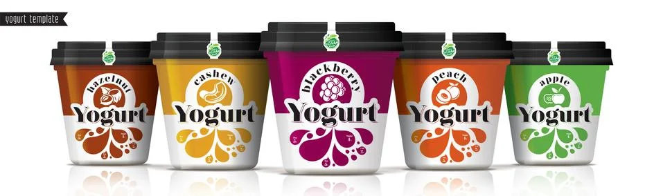 Yogurt vector packaging design. Fruit and nuts yogurt set. Stock Illustration