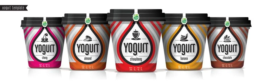 Yogurt vector packaging design. Fruit and nuts yogurt set. Stock Illustration