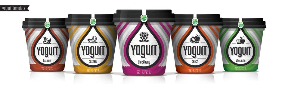 Yogurt vector packaging design. Fruit and nuts yogurt set. Stock Illustration