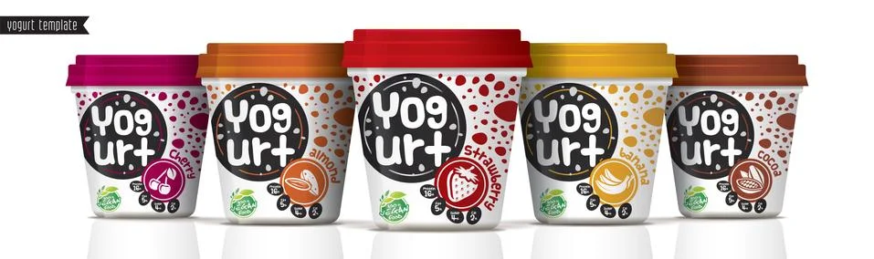 Yogurt vector packaging design. Fruit and nuts yogurt set. Stock Illustration
