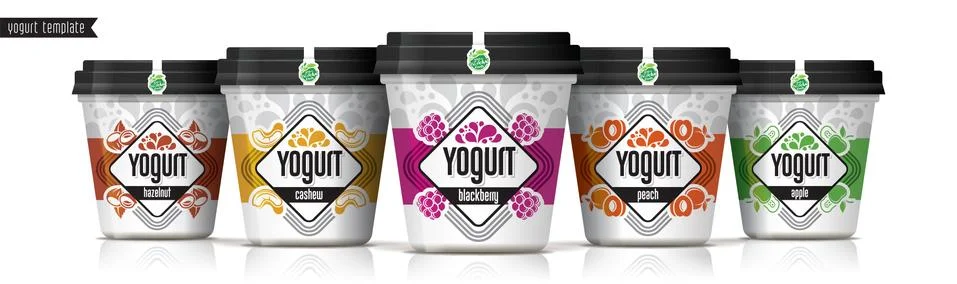 Yogurt vector packaging design. Fruit and nuts yogurt set. Stock Illustration