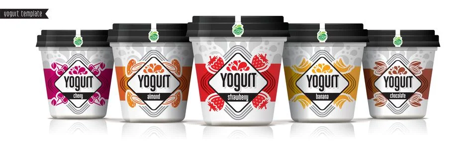 Yogurt vector packaging design. Fruit and nuts yogurt set. Stock Illustration