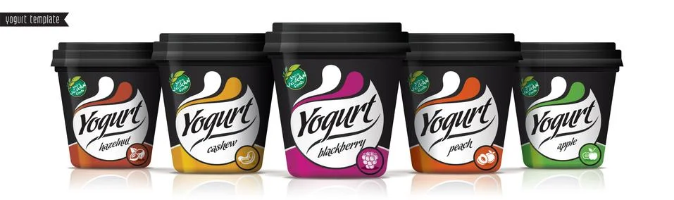 Yogurt vector packaging design. Fruit and nuts yogurt set. Stock Illustration