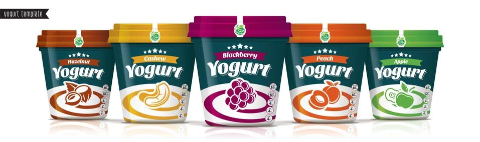 Yogurt vector packaging design. Fruit and nuts yogurt set. Stock Illustration