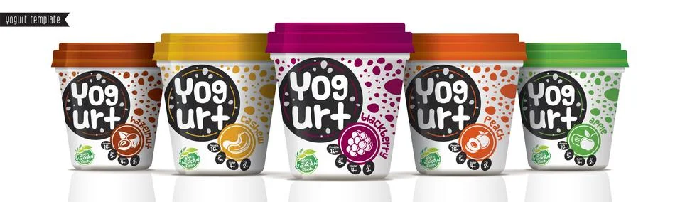 Yogurt vector packaging design. Fruit and nuts yogurt set. Illustrazione stock