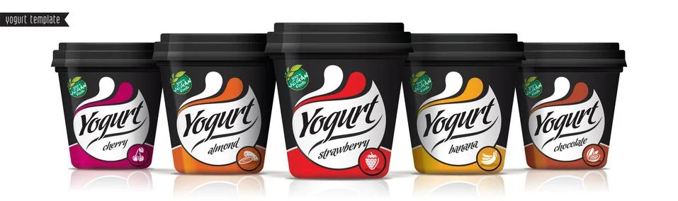 Yogurt vector packaging design. Fruit and nuts yogurt set. Stock Illustration