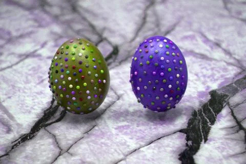 Yolk of broken egg in eggshell and two blue eggs decorated with pink sisal ne Stock Photos