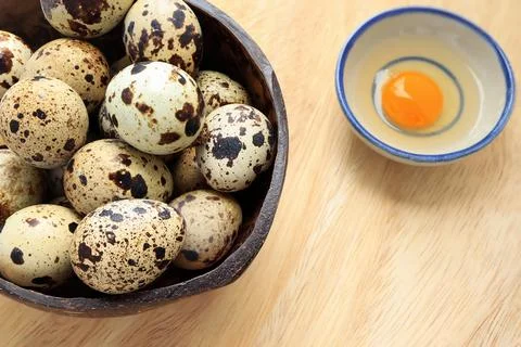 Yolk quail egg without shell and raw quail eggs in wooden bowl Stock Photos