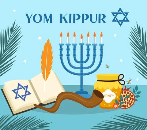 Yom Kippur greeting card with candles, apples and shofar. Jewish holiday Rosh Stock Illustration