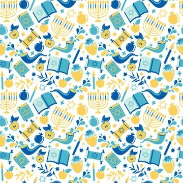 Yom Kippur seamless pattern with candles, apples and shofar and sybols. Jewish Stock Illustration