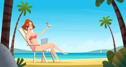 Yong female lying on sunbed with notebook,drinks tropical cocktail. Remote work Stock Illustration