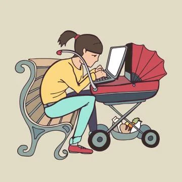 Yong working mother using laptop at stroller Stock Illustration