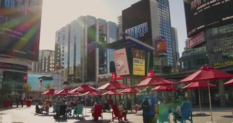 Yonge-Dundas Square Alive with Summer Crowds at Sunset Stock Footage 281428966