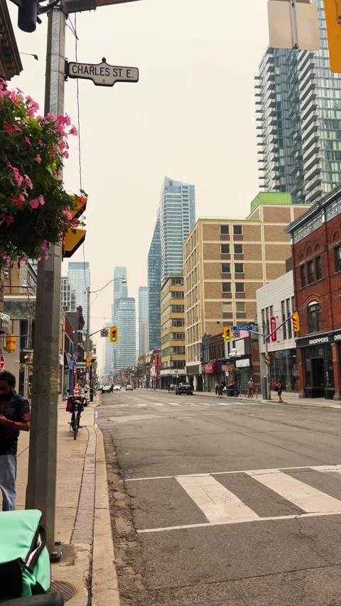 Yonge Street in Toronto features high-rise skyscrapers and contemporary building Video stock 343672323