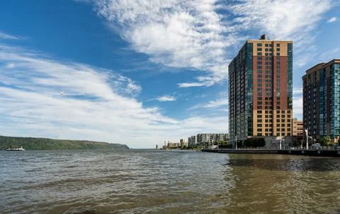 The Yonkers riverfront features modern condos and lush parks Stock Photos