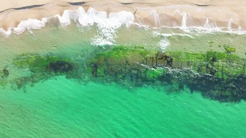 Yop-down view of sea waves over algae-covered rocks Stock-Footage 312767601