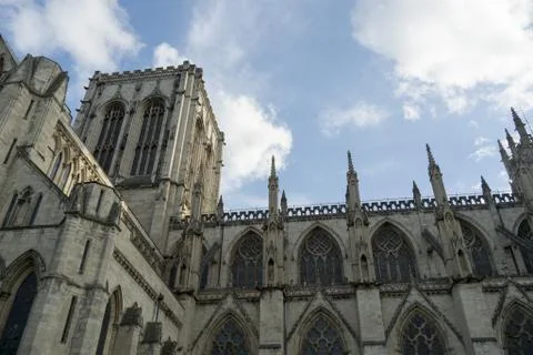 York Minster Outside - Low Angle - Cathedral tower in York, England Stock Photos