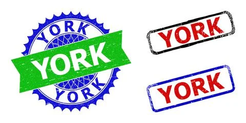 YORK Rosette and Rectangle Bicolor Badges with Grunge Surfaces Stock Illustration