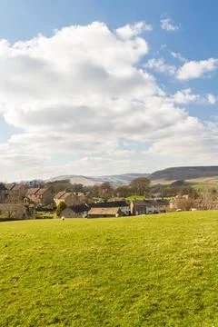 Yorkshire Dales, England, view towards stone cottage village Stock Photos