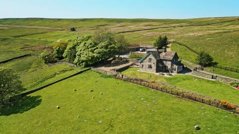 Yorkshire farm, with green fields grazing sheep, dry stone walls and a typi.. Stock Footage 243096873