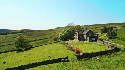 Yorkshire farm, with green fields grazing sheep, dry stone walls and a typi.. Stockbeeldmateriaal 243096889