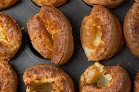 Yorkshire pudding close up top down view inside tray Stock Photos