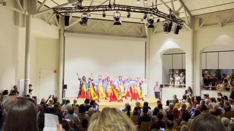 Yosakoi dancers performing synchronized choreography during a Japanese cultural Stock Footage 340313467