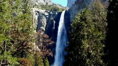 Yosemite Bridalveil Falls Close Thru Trees Stock Footage