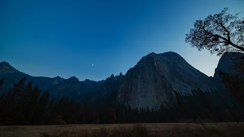 Yosemite Cathedral Rocks Time-lapse Wide Angle Day to Night Stock Footage 99786107