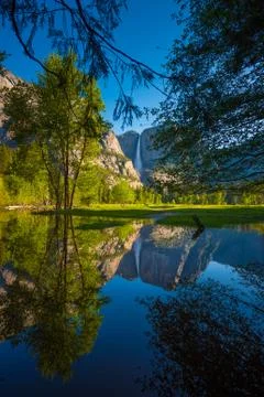 Yosemite Falls Reflection in the Merced River Vertical Composition Stock Photos