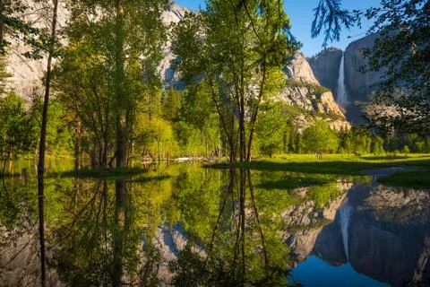 Yosemite Falls Reflection in the Merced River Stock Photos