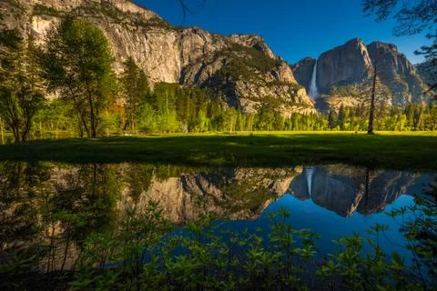 Yosemite Falls Reflection in the Merced River Stock Photos