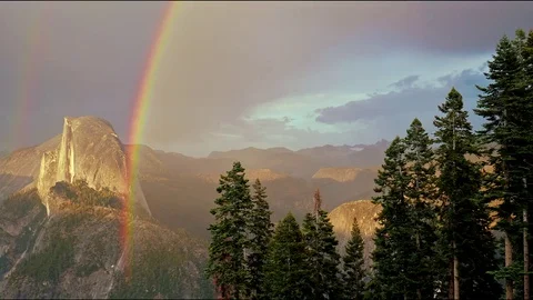 Yosemite National Park Half Dome Double Rainbow Stock Footage