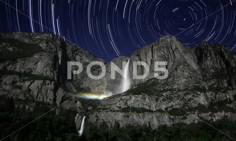 Yosemite National Park Moonbow and Startrails at Yosemite Falls Stock Photos