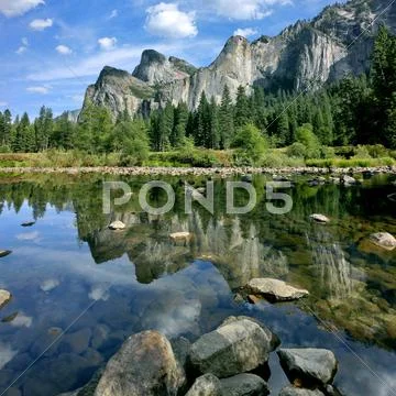 Yosemite National Park Valley View reflections on Merced riverr Stock Photos