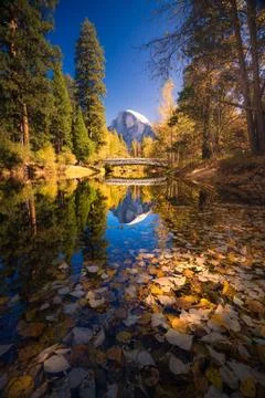 Yosemite Valley river with reflection of Half-Dome and autumn trees Foto stock