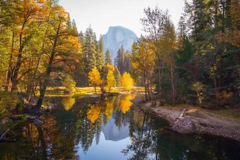 Yosemite Valley river with reflection of Half-Dome and autumn trees Fotos de archivo