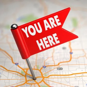 You Are Here - Small Flag on a Map Background. Stock Illustration