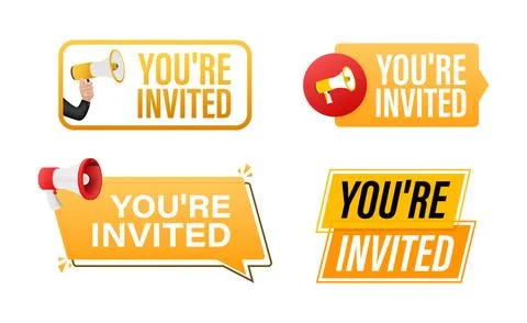 You are invited text with Megaphone label set. Megaphone in hand promotion Stock Illustration