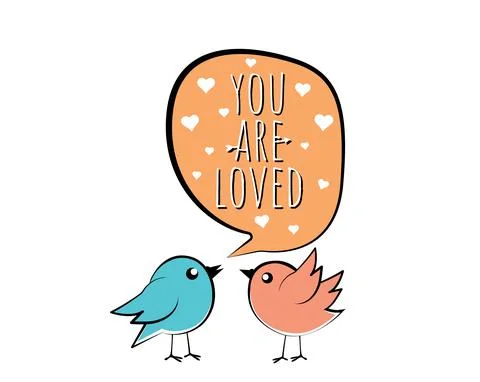 You are loved, vector. Bird cartoon illustration with a message in the cloud Stock Illustration