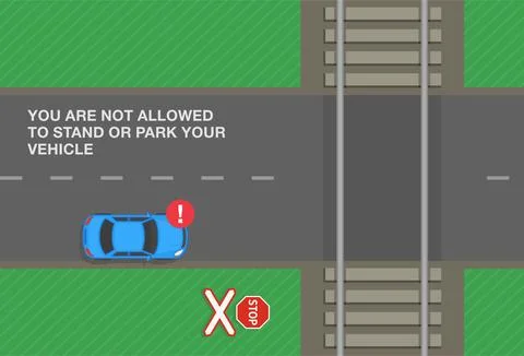 You are not allowed to stand or park your vehicle warning. Level crossing. Stock Illustration