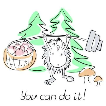 You can do it! Cute hedgehog raises the bar. Printing on t-shirts, sweatshirt Ilustración de archivo