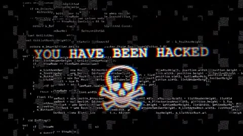 You have been hacked message with skull symbol and code on dark screen Stock Footage 286080679