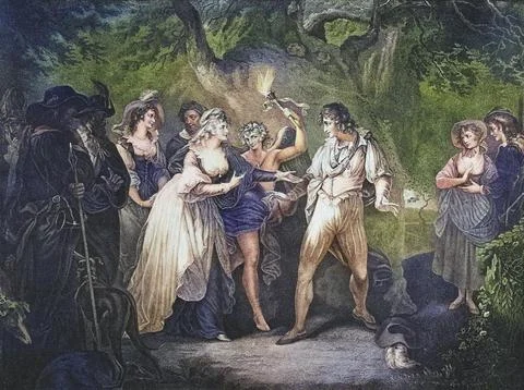 As you like it. Act V. Scene IV. The forest. Duke Senior, Amiens, Jaques Stock Illustration