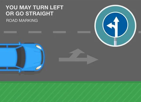 "You may turn left or go straight" road marking. Lane direction marking meaning. Stock Illustration