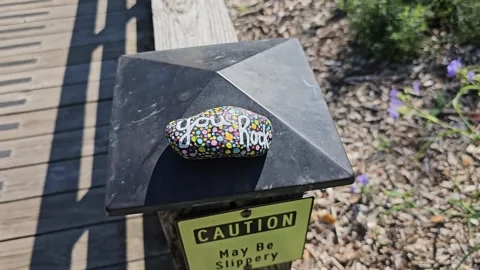 You rock kindness rock on post on walking path with slippery caution sign posted Stock Footage 284568429