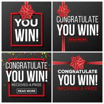You Win Banner Set Vector. Festive Sign. Realistic Red Satin Bow. Lottery Illustrazione stock