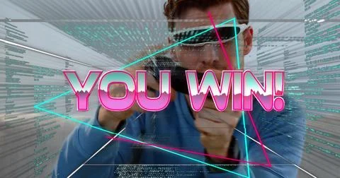 You win! on game interface and data processing over a man wearing vr glasses and Illustrazione stock