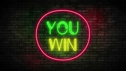 You Win Neon Light on Brick Wall. Night Club Bar Blinking Neon Sig Video stock 219795167